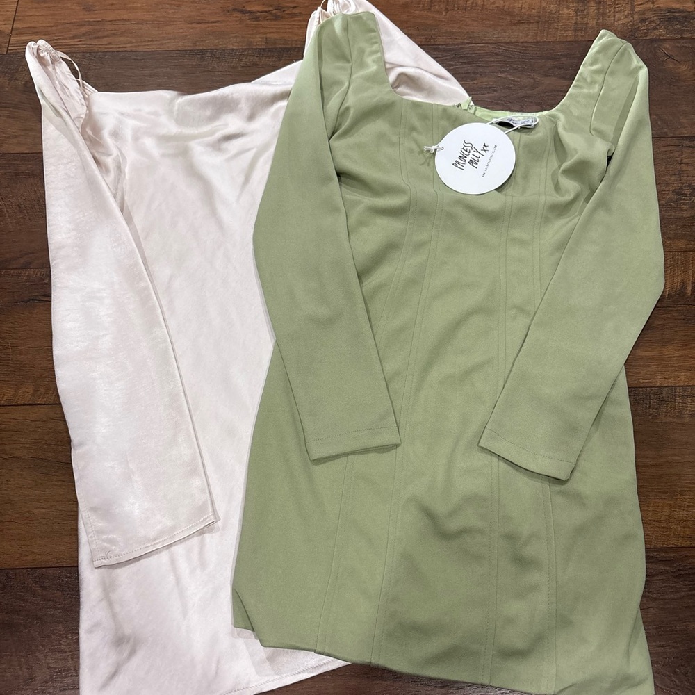 Princess Polly dresses (2) Sage green and champagne Long Sleeve nwt